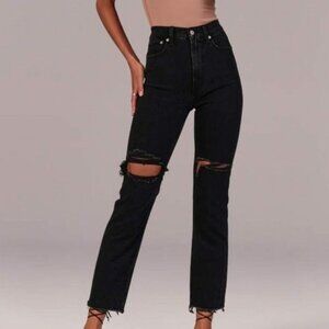 ABERCROMBIE The Ankle Straight Ultra High Rise Black Ripped Jeans Womens 30 Long